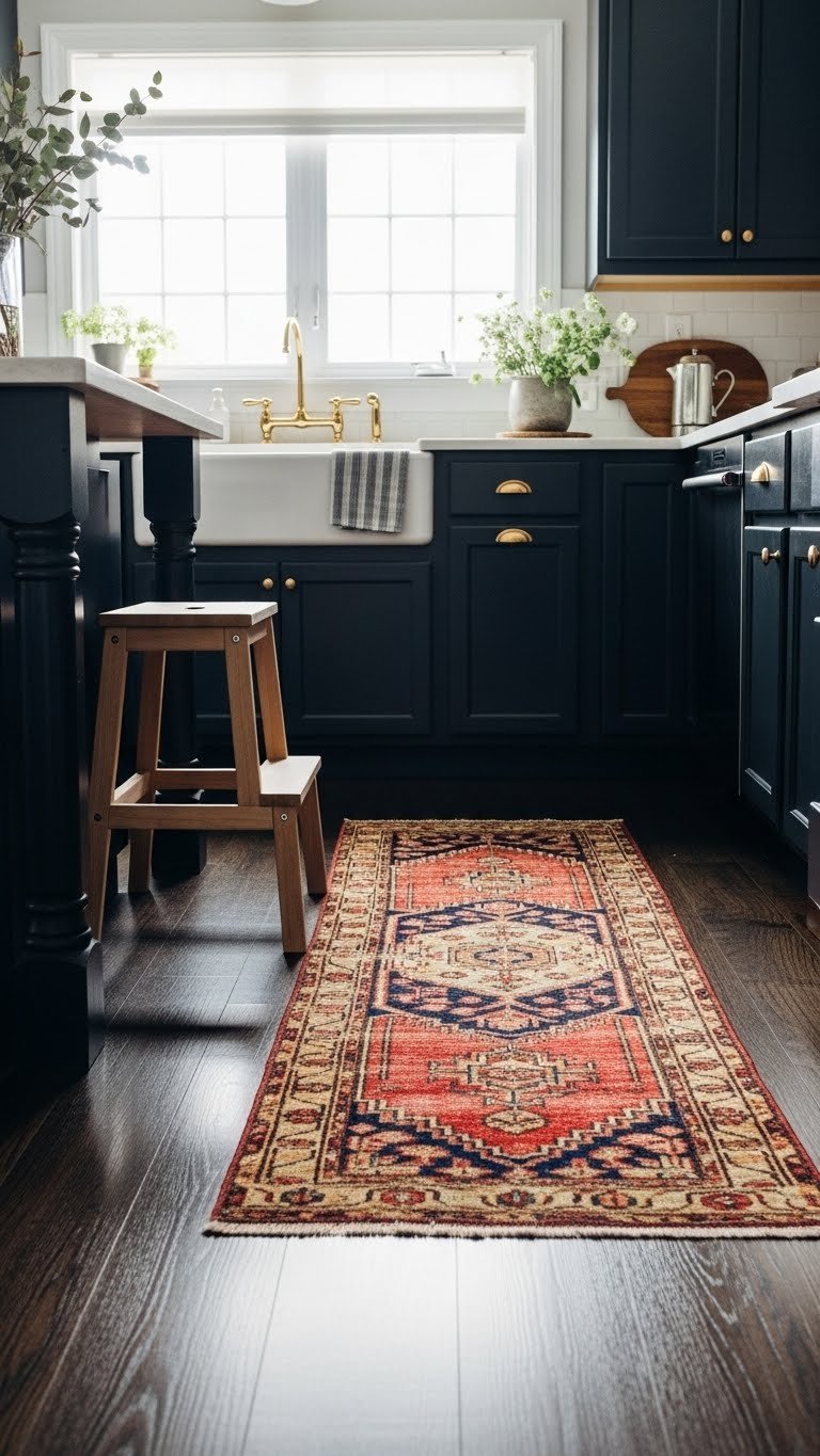 Vintage Turkish runner rug with red, gold, blue tones in front of a dark kitchen island on hardwood floor.