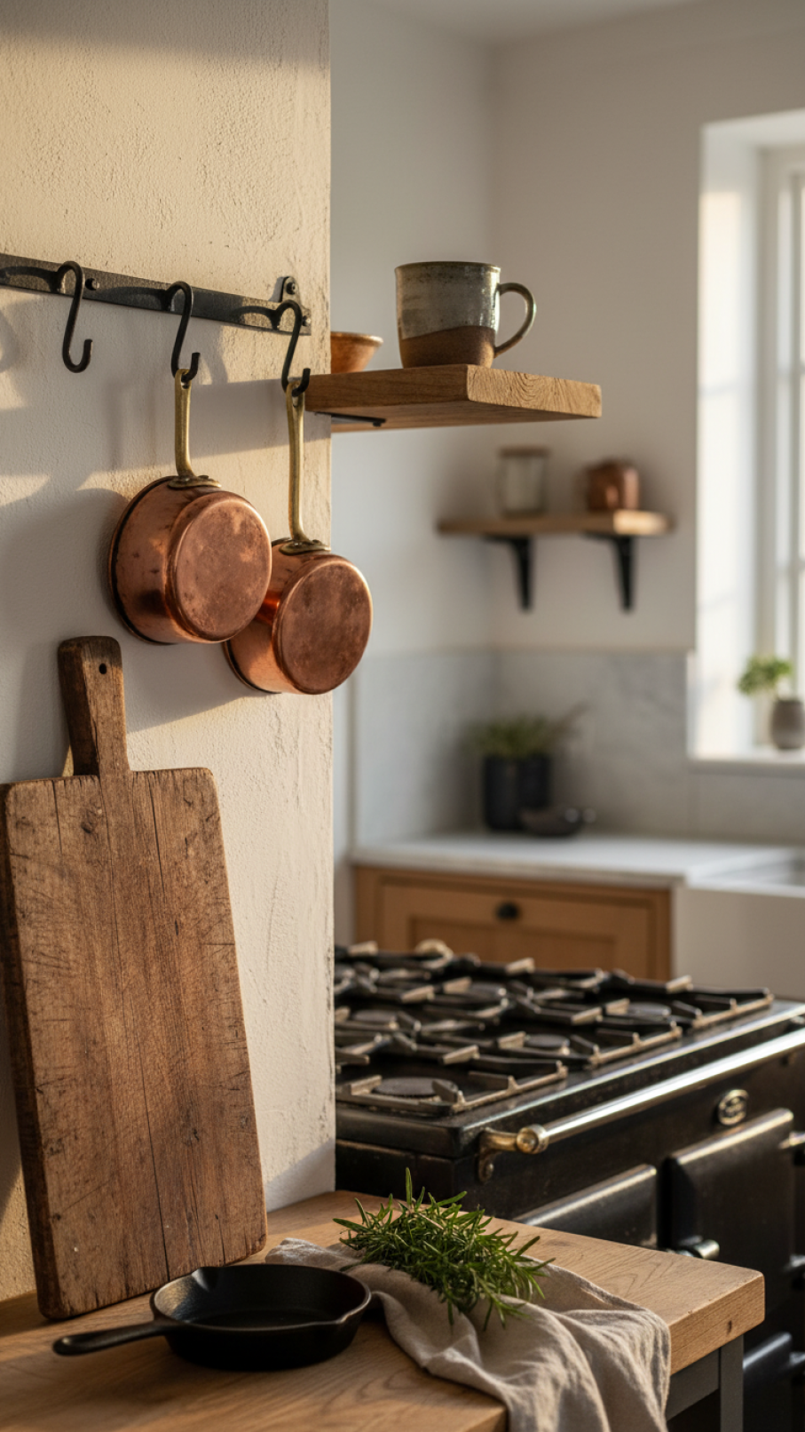 Vintage accents in scandi kitchen including antique copper pots and hand-thrown ceramic mug on wood shelf