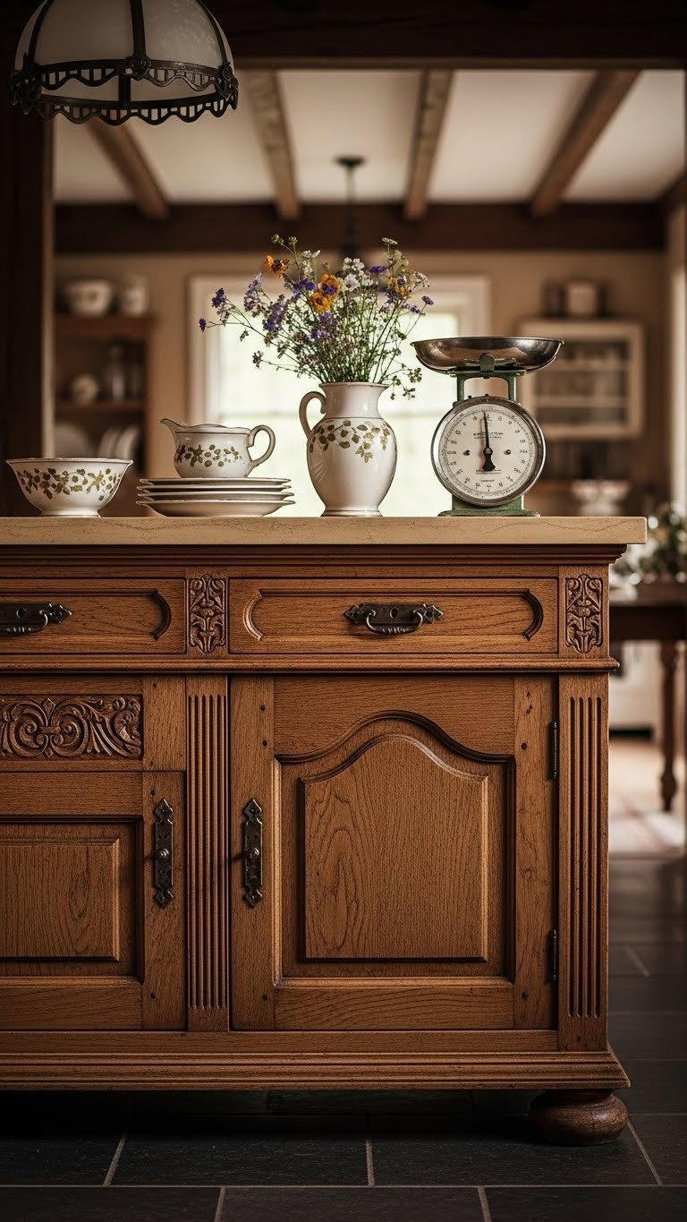 Vintage cabinet transformed into rustic kitchen island with antique hardware, ceramic dishes collection, and wildflowers in warm golden hour lighting.