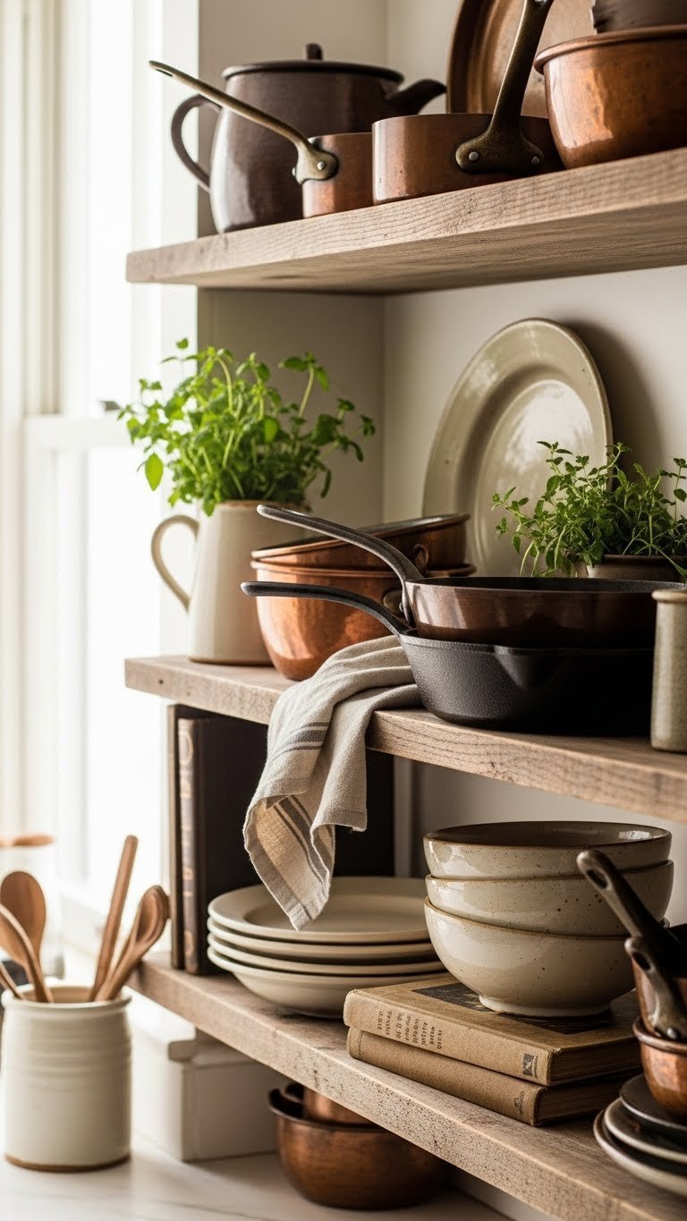 Vintage copper pots and cast iron skillets arranged on rustic wooden open shelving with soft natural lighting in cozy kitchen setting