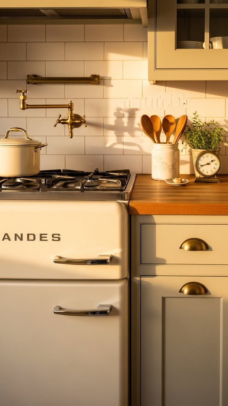 Small Cottage Kitchen: 9 Genius Ideas To Maximize Charm 11 Vintage cream refrigerator with brass hardware and butcher block countertop in cottage kitchen
