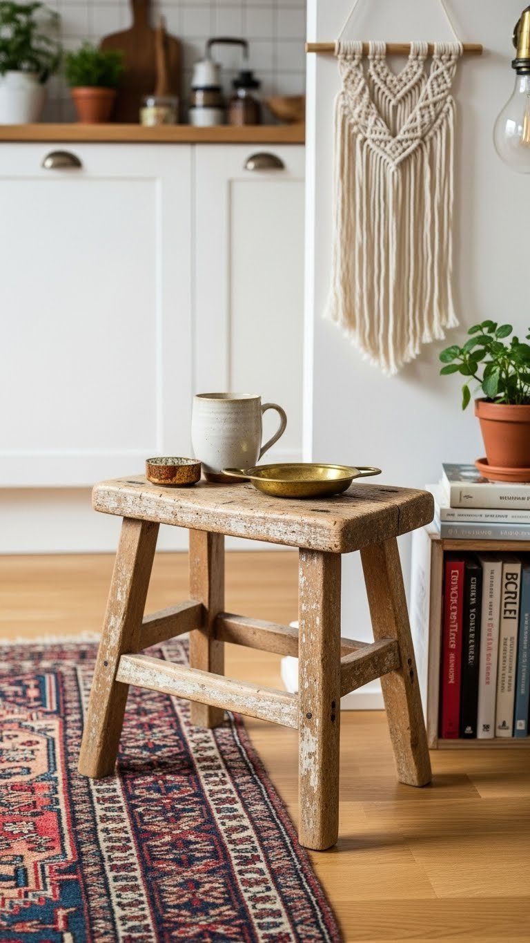 9 Scandi Boho Kitchen Ideas: Create Your Dream Cozy Space 13 Vintage distressed wooden stool with artisanal ceramics and Persian rug in Scandi Boho kitchen decor