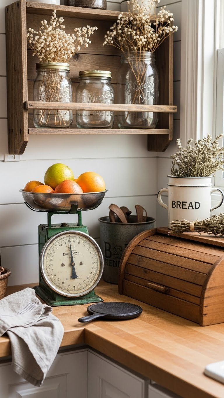 Small Kitchen Ideas Farmhouse: 7 Genius Space Solutions 13 Vintage farmhouse kitchen decor collection including antique scale and mason jars on reclaimed wood shelf