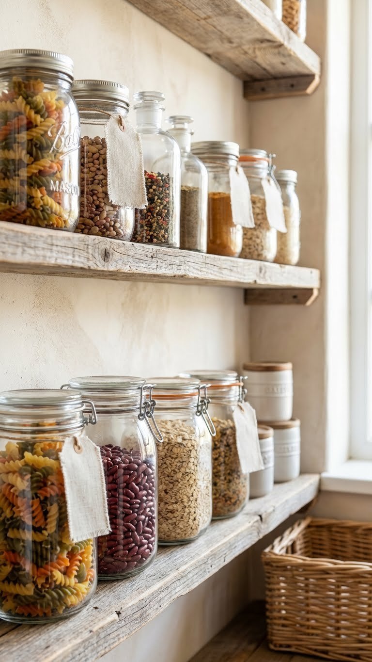 Vintage glass jars filled with colorful dry goods are neatly arranged on rustic wood shelves in a kitchen pantry.
