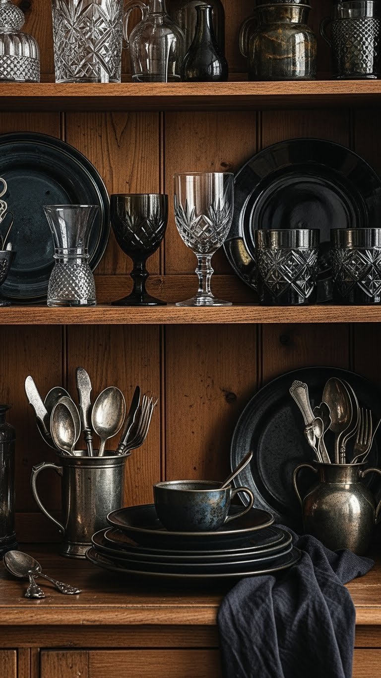 Vintage gothic kitchen display. Antique finds, dark crystal, tarnished silver. Distressed hutch.