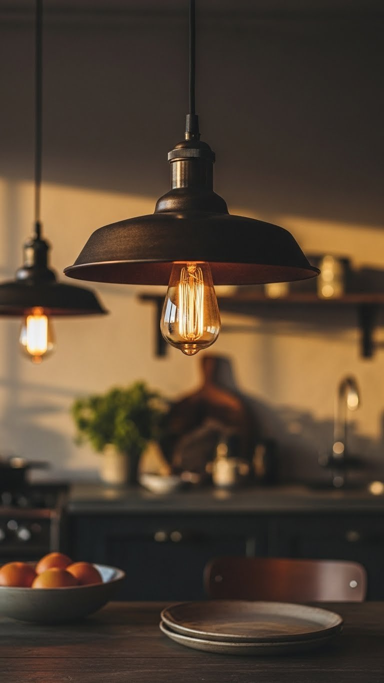 Vintage industrial pendant light with Edison bulb hanging above concrete countertop in warm golden hour glow