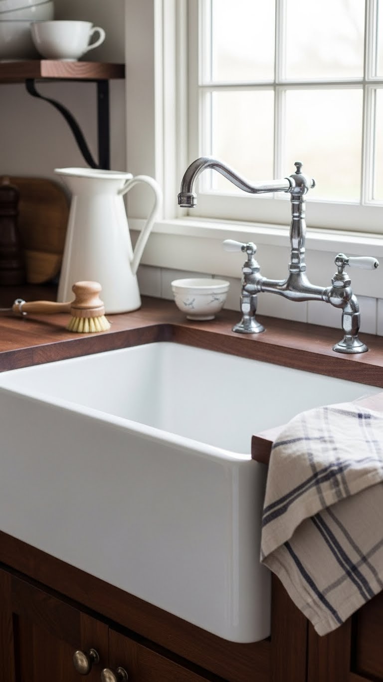 Vintage-inspired enameled cast iron sink with glossy finish on dark wood countertop featuring antique scrubbing brush and ceramic pitcher in cozy kitchen.
