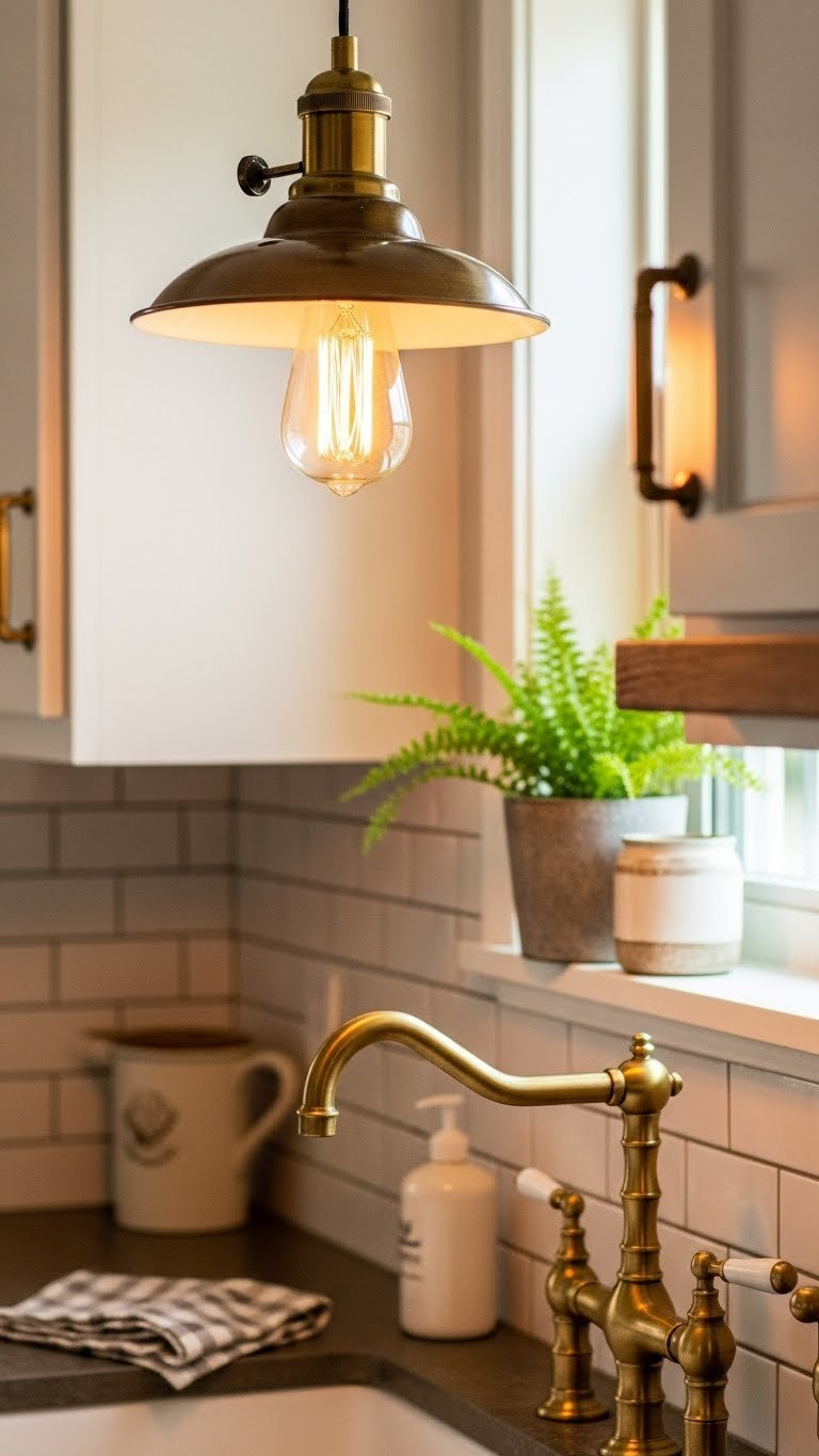 Vintage-inspired kitchen lighting featuring pendant light above brass faucet and hardware against white subway tile