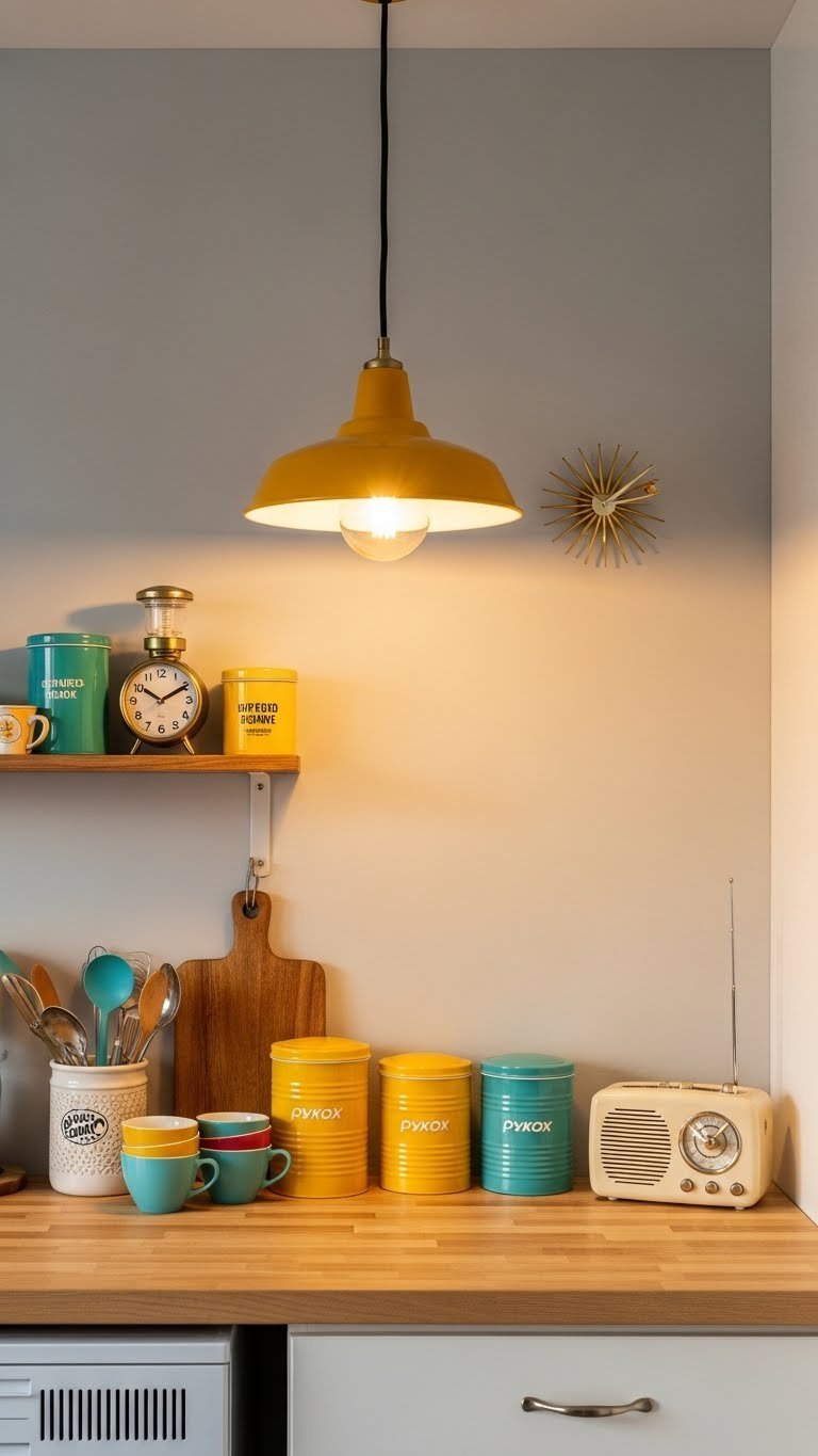 Vintage-inspired lighting and kitschy 1950s accessories including atomic age pendant light in retro kitchen