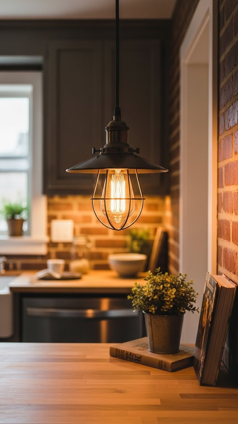 Vintage-inspired pendant light with exposed Edison bulb hanging above kitchen island