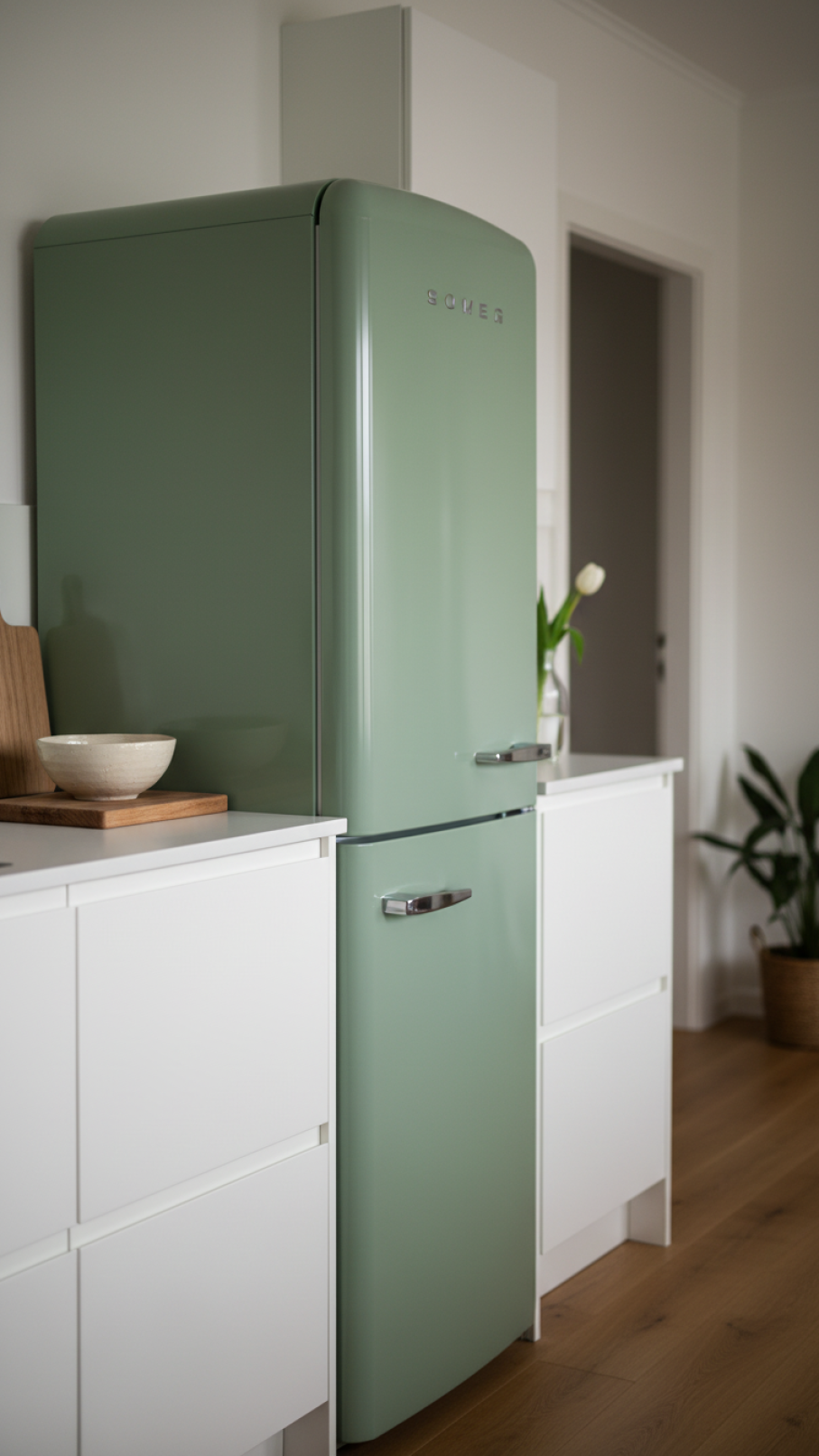 Vintage-inspired refrigerator integrated into modern white cabinetry in Scandinavian kitchen design