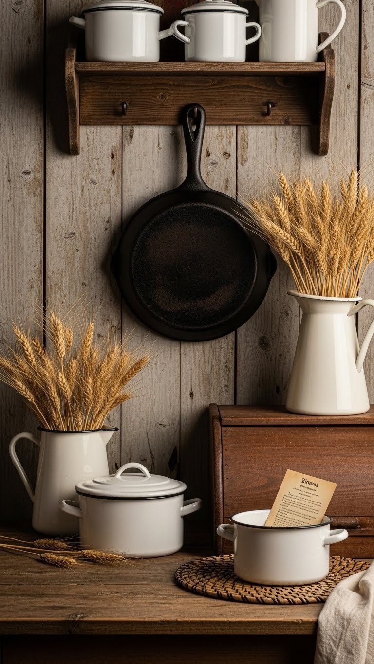 Vintage-inspired rustic cabin kitchen decor with cast iron skillet, enamelware pots, and charming accessories arrangement.