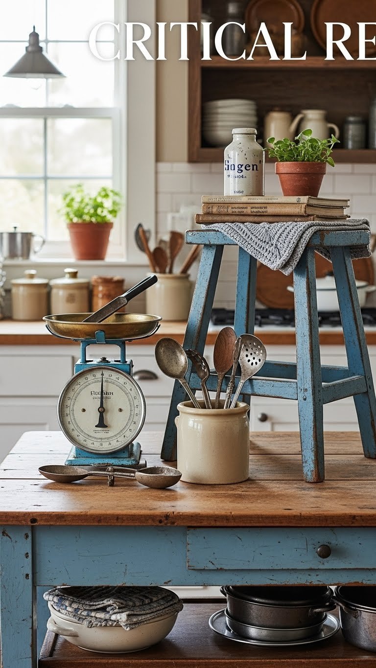 Vintage kitchen decor collection featuring antique utensils and rustic decorative items on display