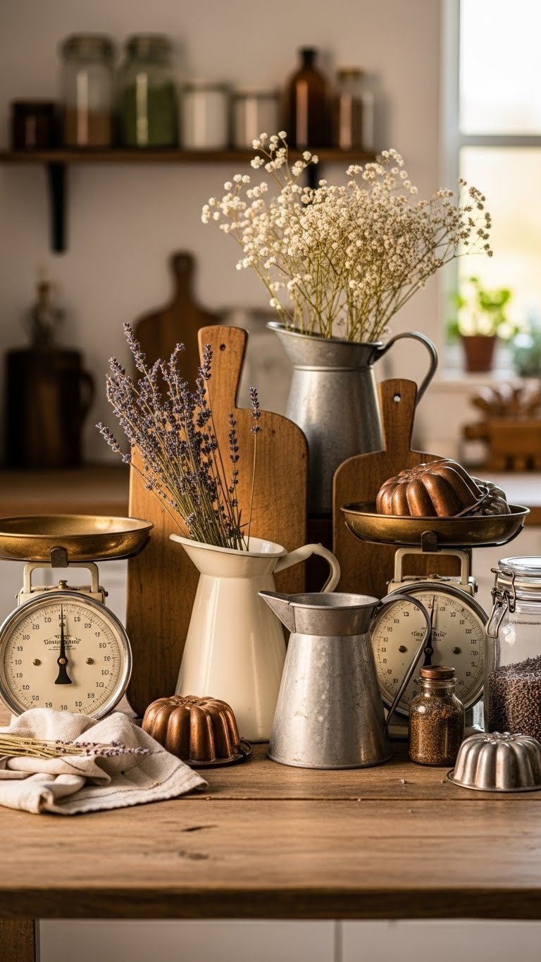 Vintage kitchen decor collection including antique scales, metal pitchers, and aged copper molds on wooden shelf