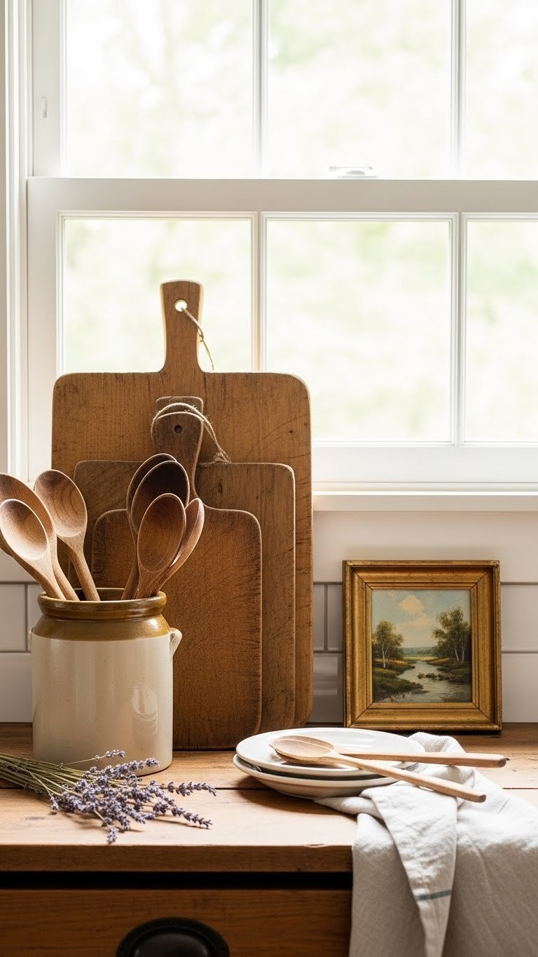 Vintage kitchen decor vignette with antique cutting boards and stoneware crock on rustic wooden countertop