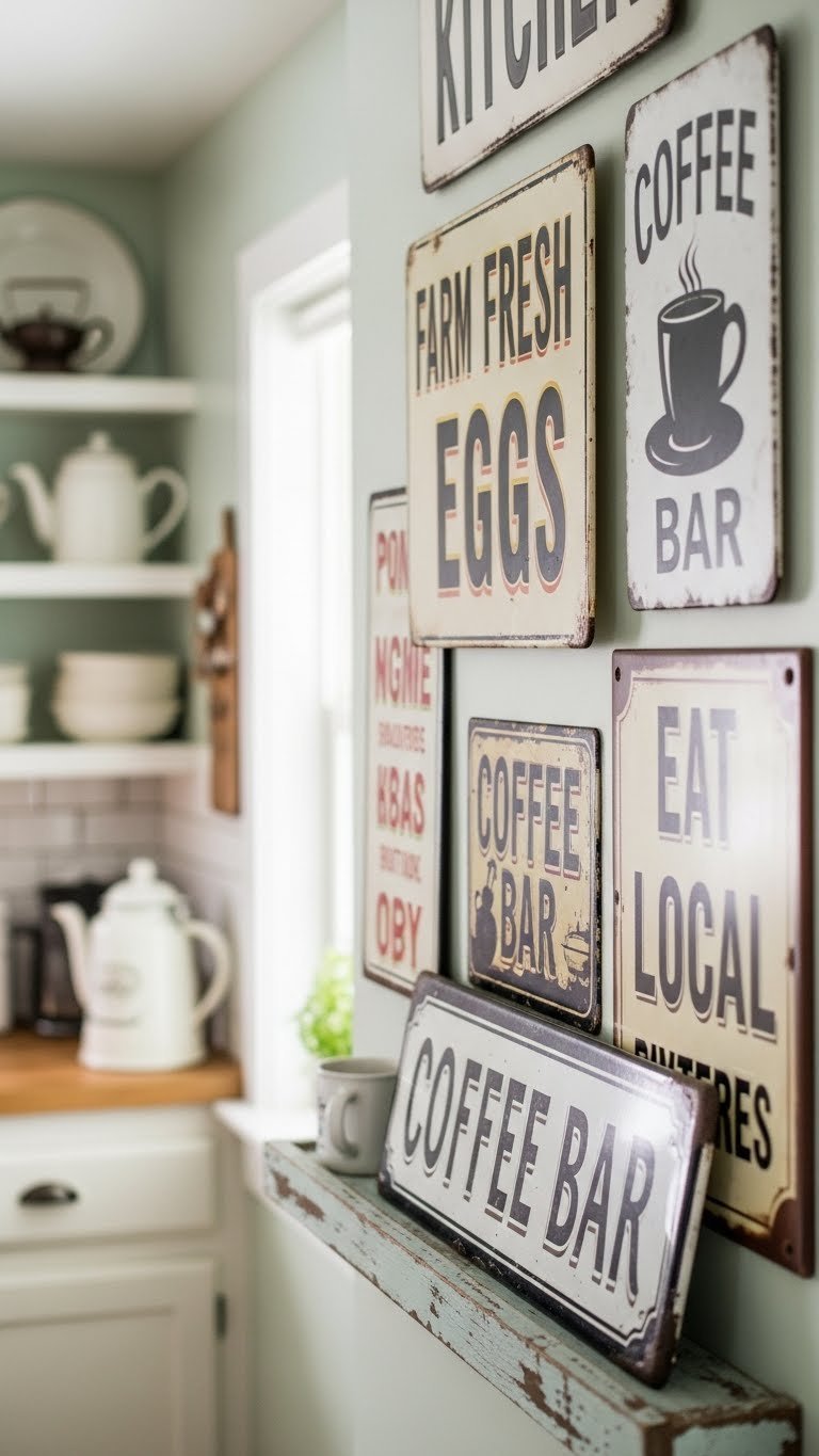 Vintage kitchen sign gallery wall featuring distressed wood and metal signs arranged artfully on muted cream background