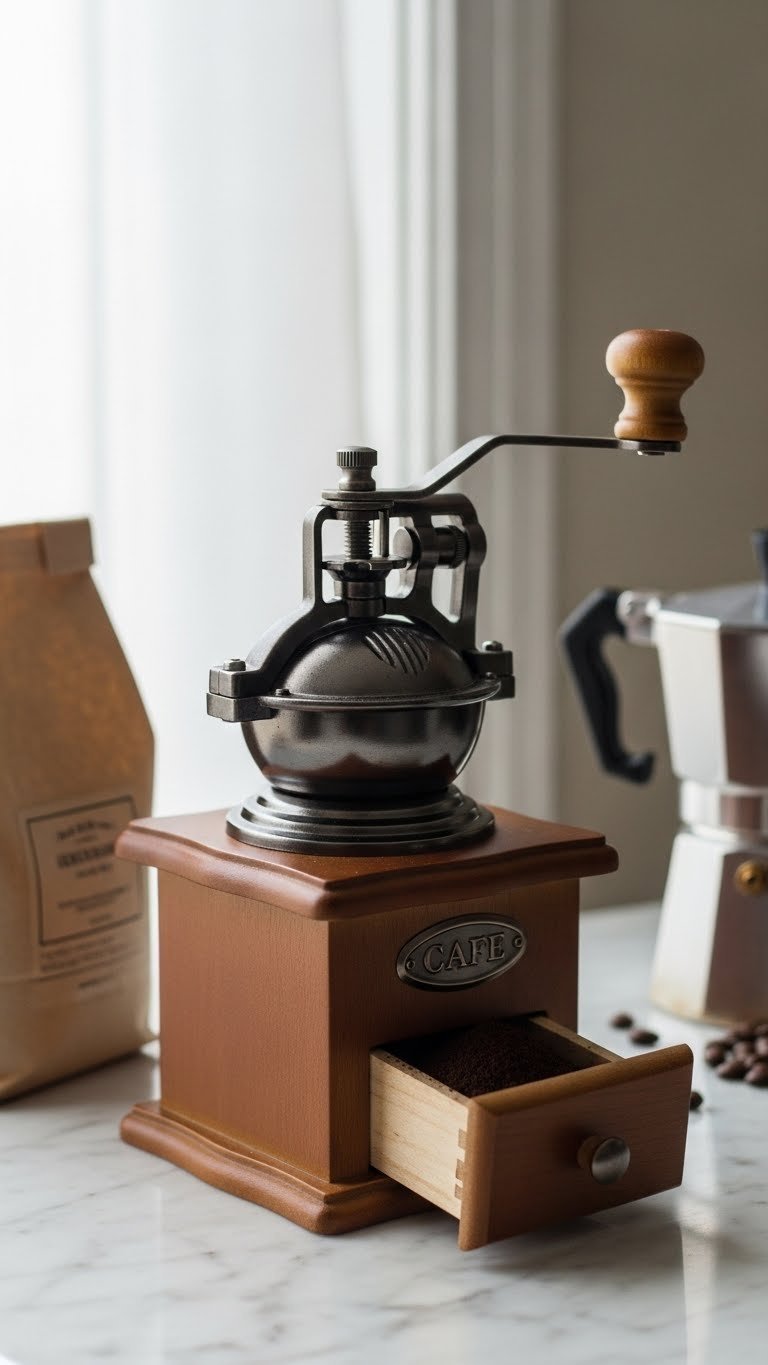 Vintage manual coffee grinder with wooden base and cast-iron top next to Moka pot on marble countertop