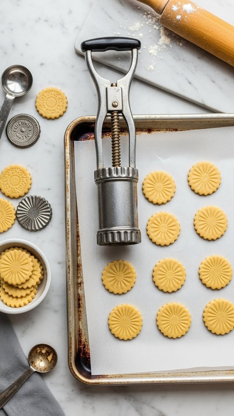 Vintage metal biscuit press creating patterned cookie dough on parchment-lined baking sheet