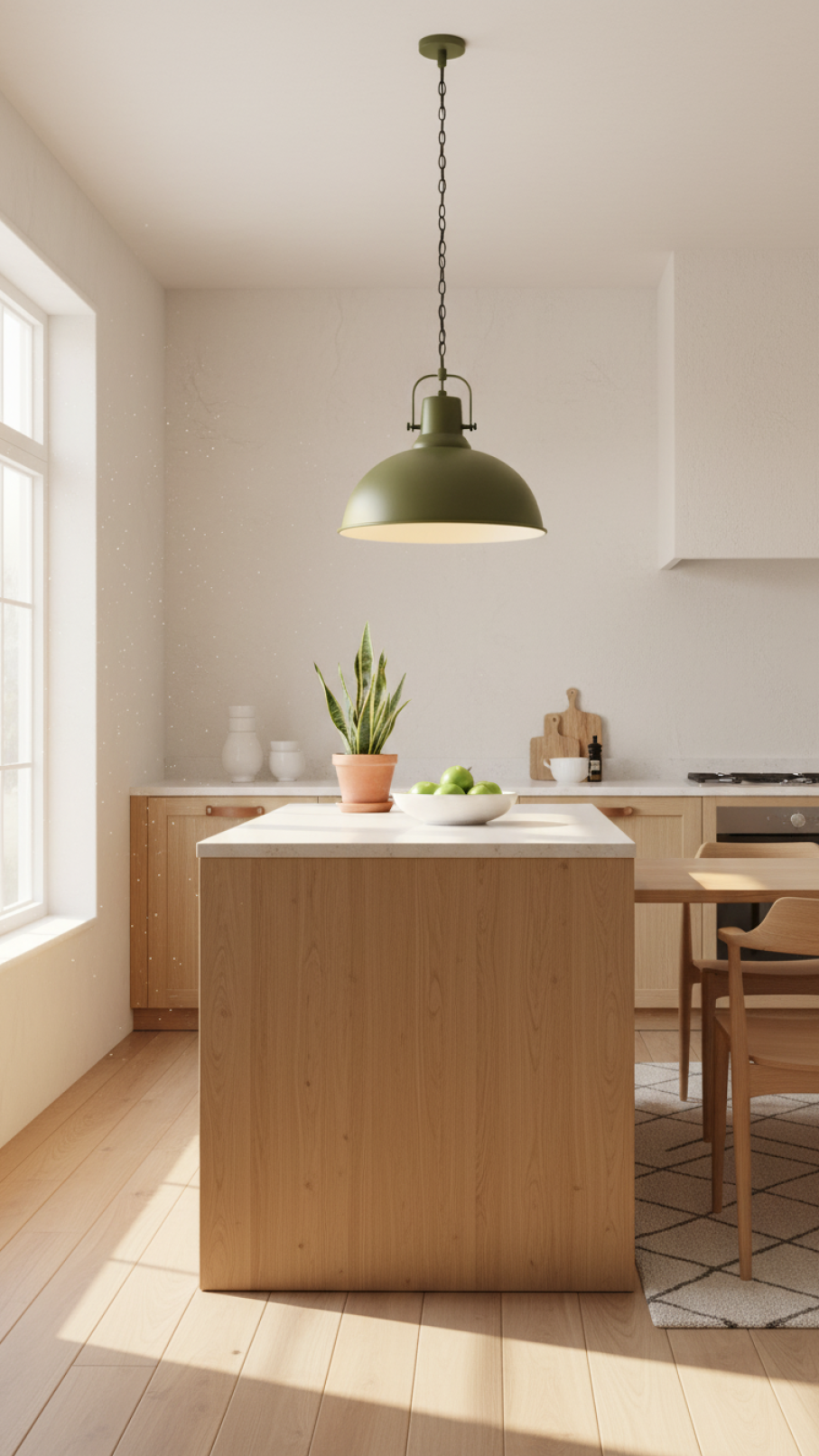 Vintage pendant light fixture hanging above kitchen island with natural window light streaming in