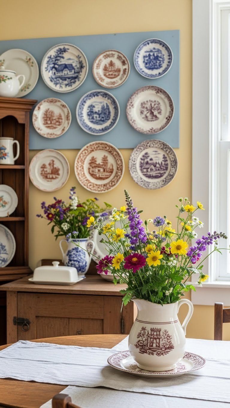 Vintage plate wall display showcasing decorative plates with botanical patterns arranged on warm yellow kitchen wall