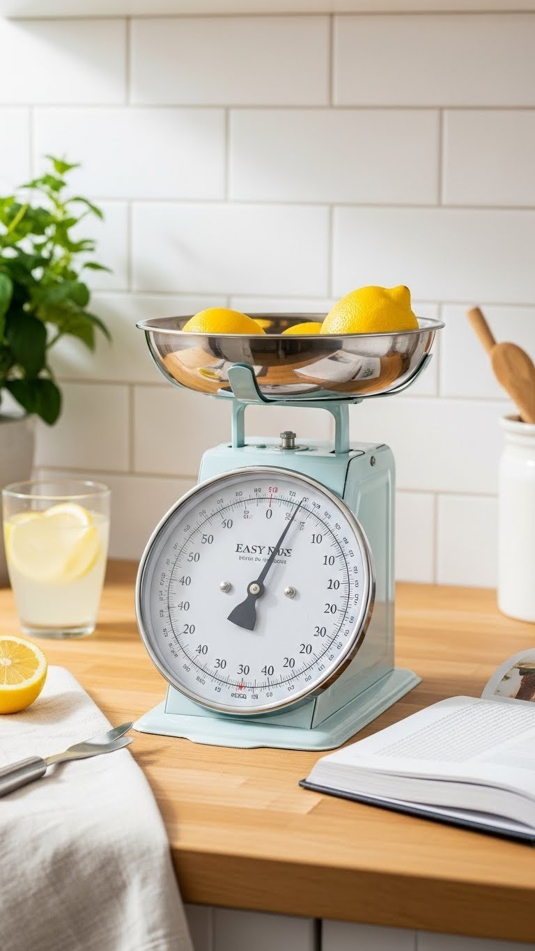 10 Unique Tuscan Kitchen Gadgets To Elevate Your Rustic Cooking 15 Vintage-style kitchen scale with fresh lemons in stainless steel bowl on butcher block countertop