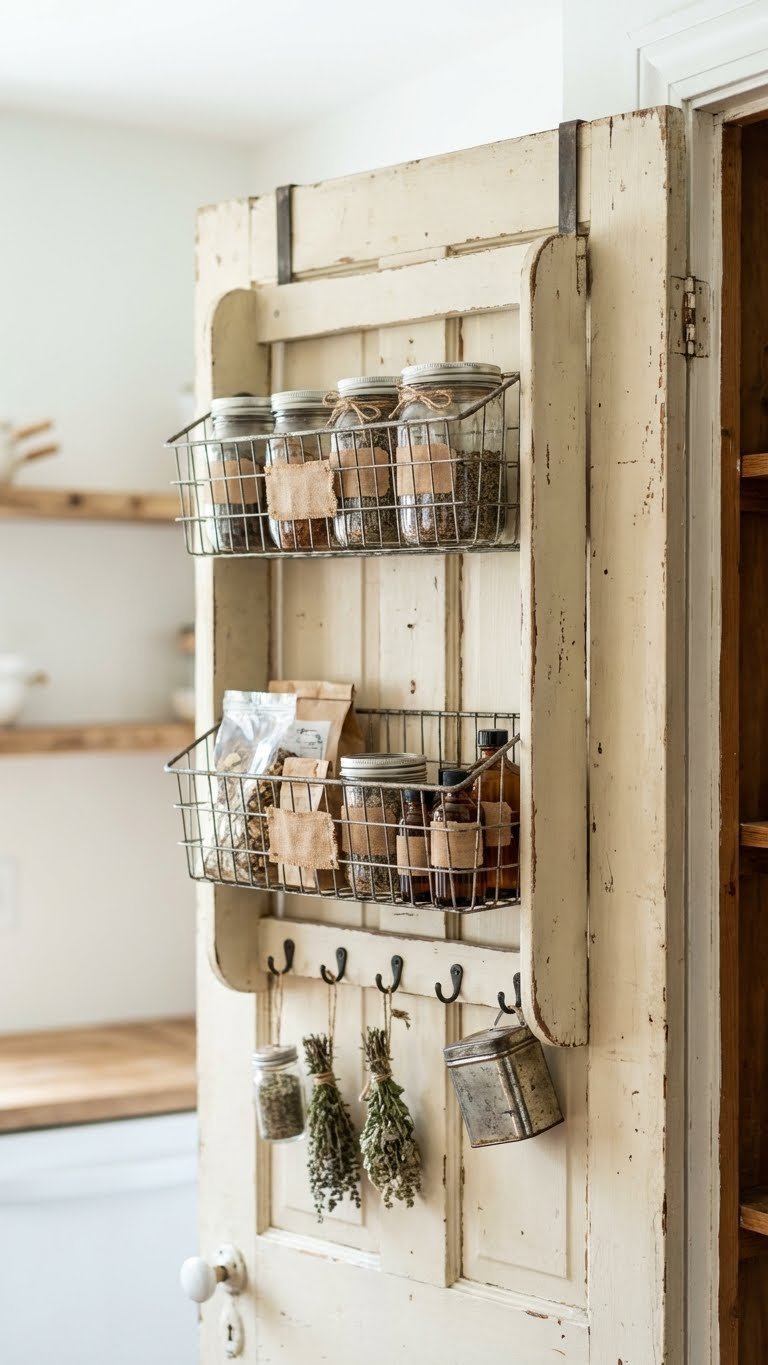 Vintage-style wooden over-the-door pantry organizer with metal wire baskets holding spices and baking extracts on a distressed door.