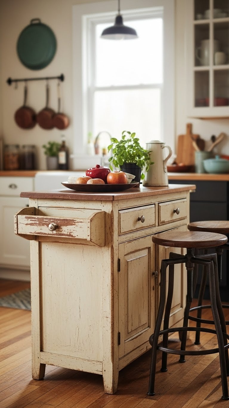Vintage wood cabinet repurposed as kitchen island with copper cookware and herb garden in compact vibrant cooking space