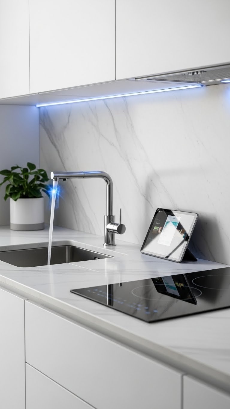 Voice-activated smart faucet with LED lighting and induction cooktop integrated into modern kitchen