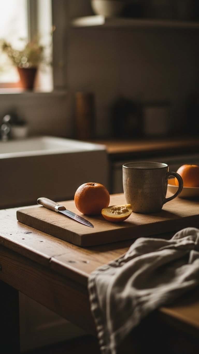 Wabi-sabi inspired rustic Japandi kitchen with distressed cutting board and imperfect ceramic mug