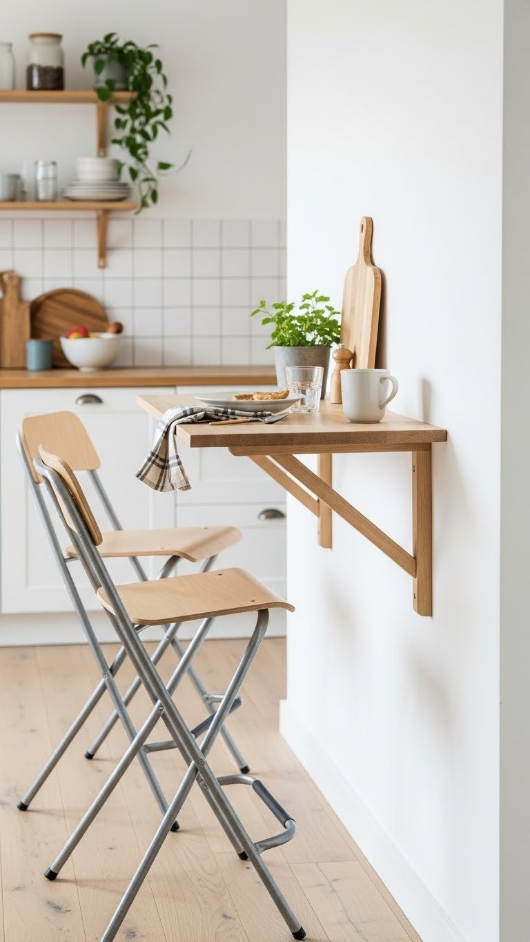 Scandi Kitchen Breakfast Bar: Ultimate Design Guide For Homes 3 Wall-mounted Scandinavian breakfast bar with foldable stools and minimalist decor in a compact kitchen with white tiled walls.
