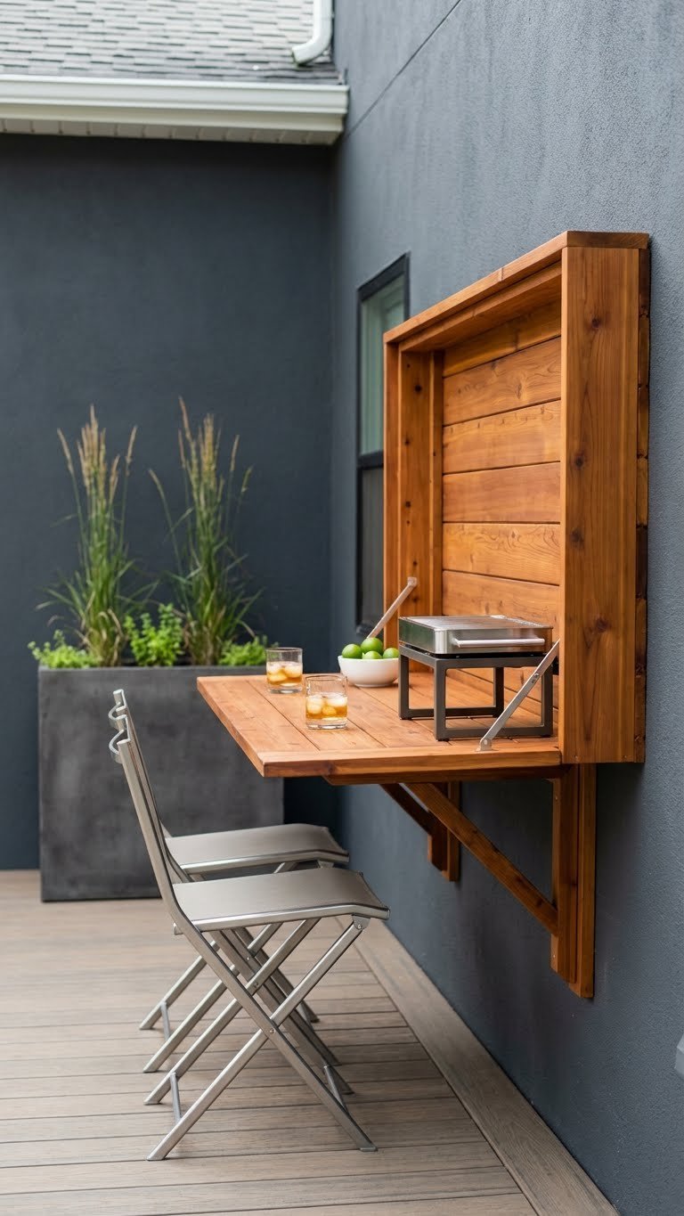 Outdoor Kitchen Island Ideas For Small Spaces With Seating 6 Wall-mounted fold-down cedar bar with modern folding chairs on compact deck space for outdoor entertaining