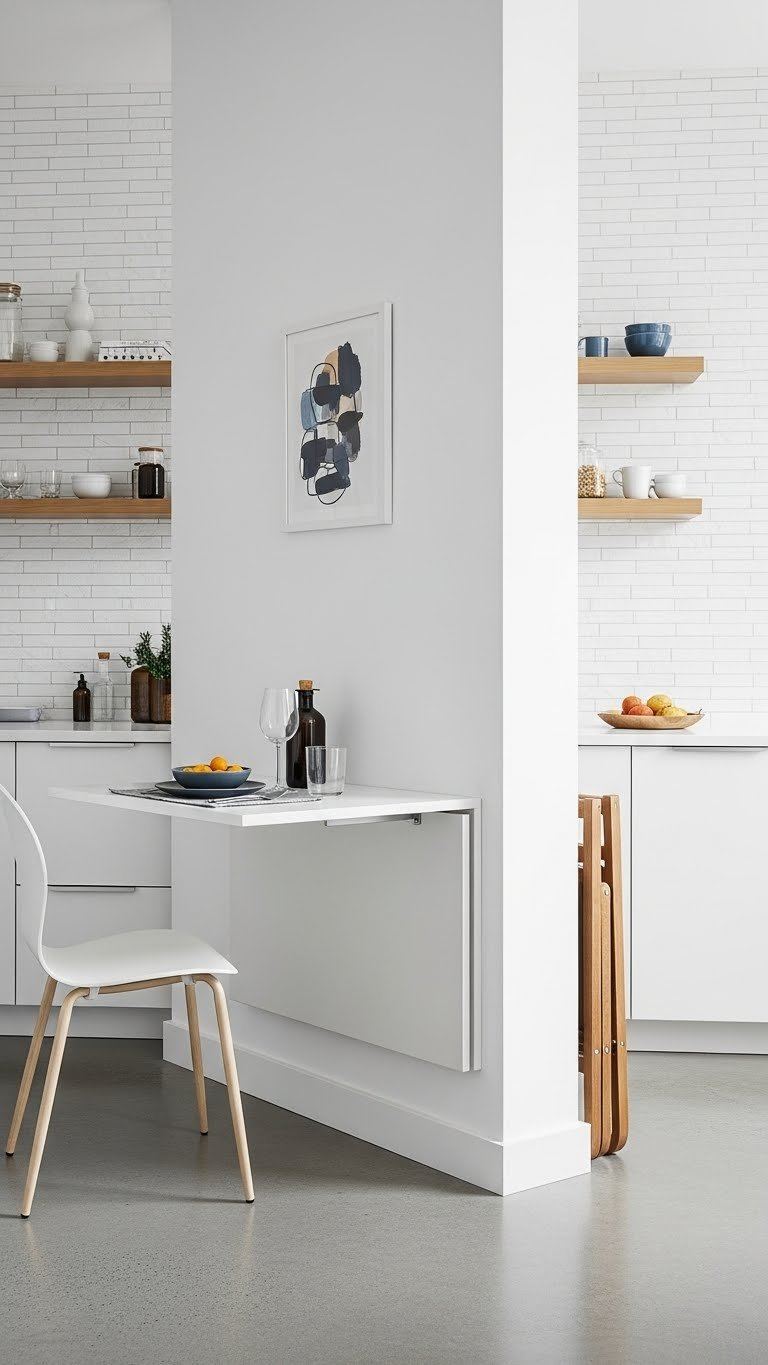Wall-mounted fold-down dining table neatly stored against textured brick wall with compact folding chairs nearby