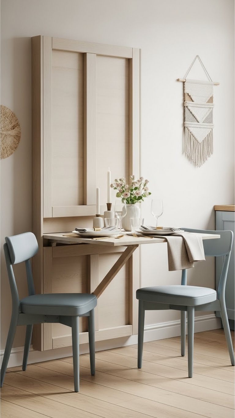 Wall-mounted fold-down dining table with compact chairs in multifunctional kitchen space