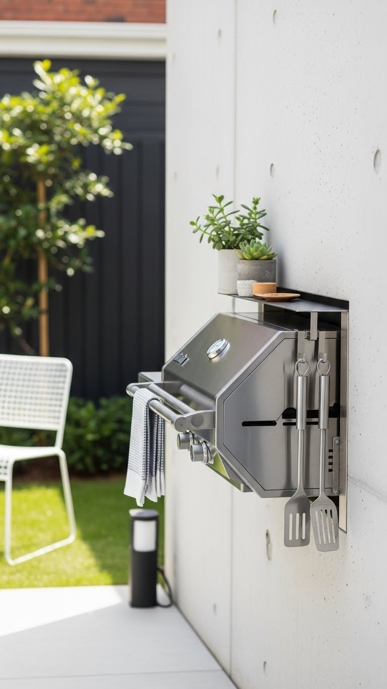 Small Outdoor Kitchen: 11 Smart Designs To Maximize Your Space 21 Wall-mounted grilling station with compact grill on concrete wall in small backyard space