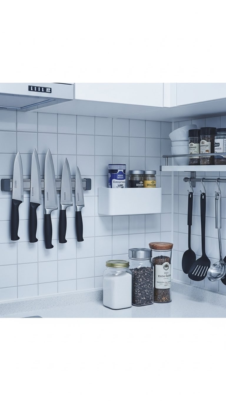 Wall-mounted organizers like magnetic knife strips and spice shelves in efficient small Korean cooking space