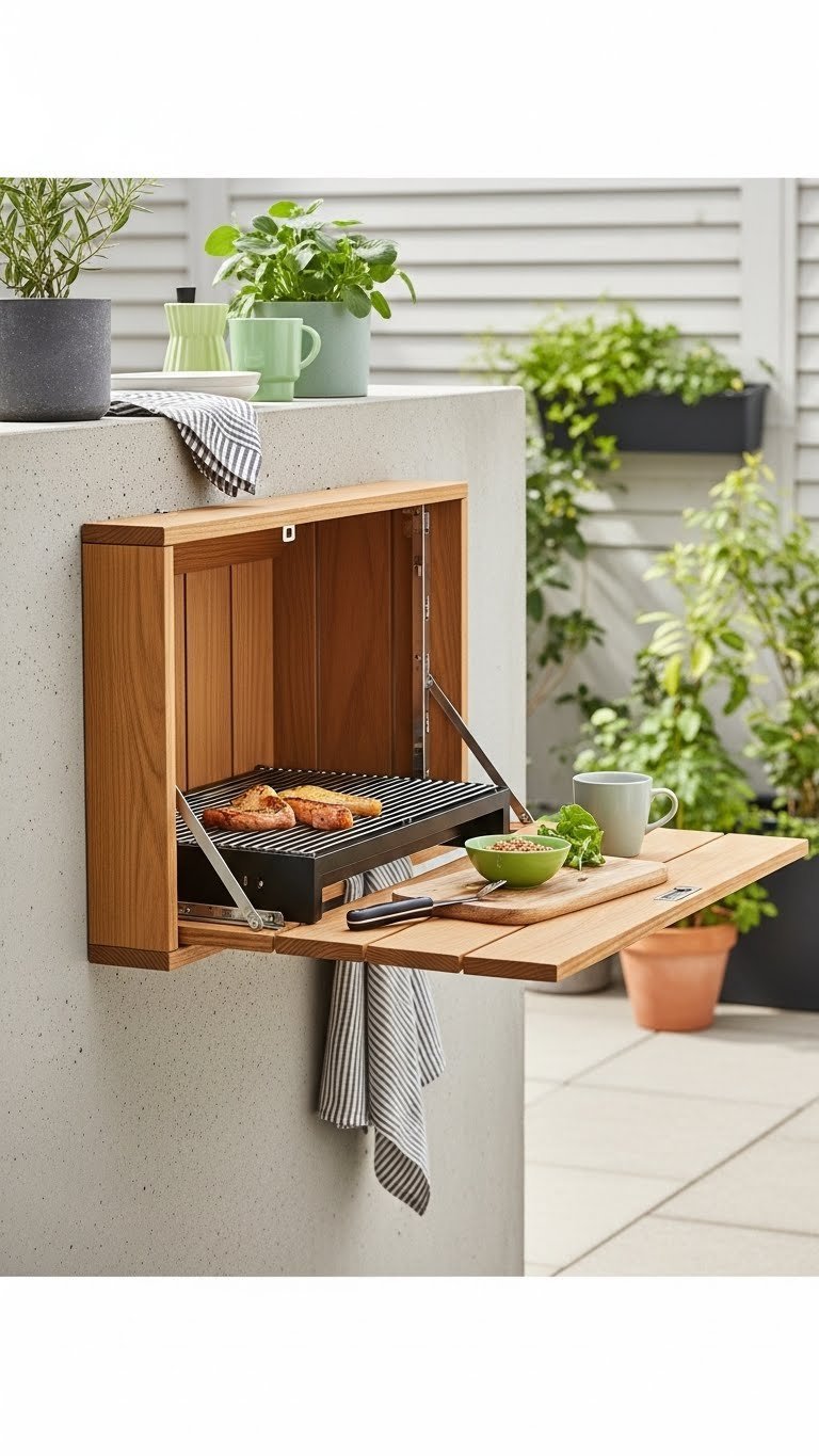 Small Outdoor Kitchen: 11 Smart Designs To Maximize Your Space 13 Wall-mounted outdoor kitchen with fold-down countertop on concrete wall with potted plants