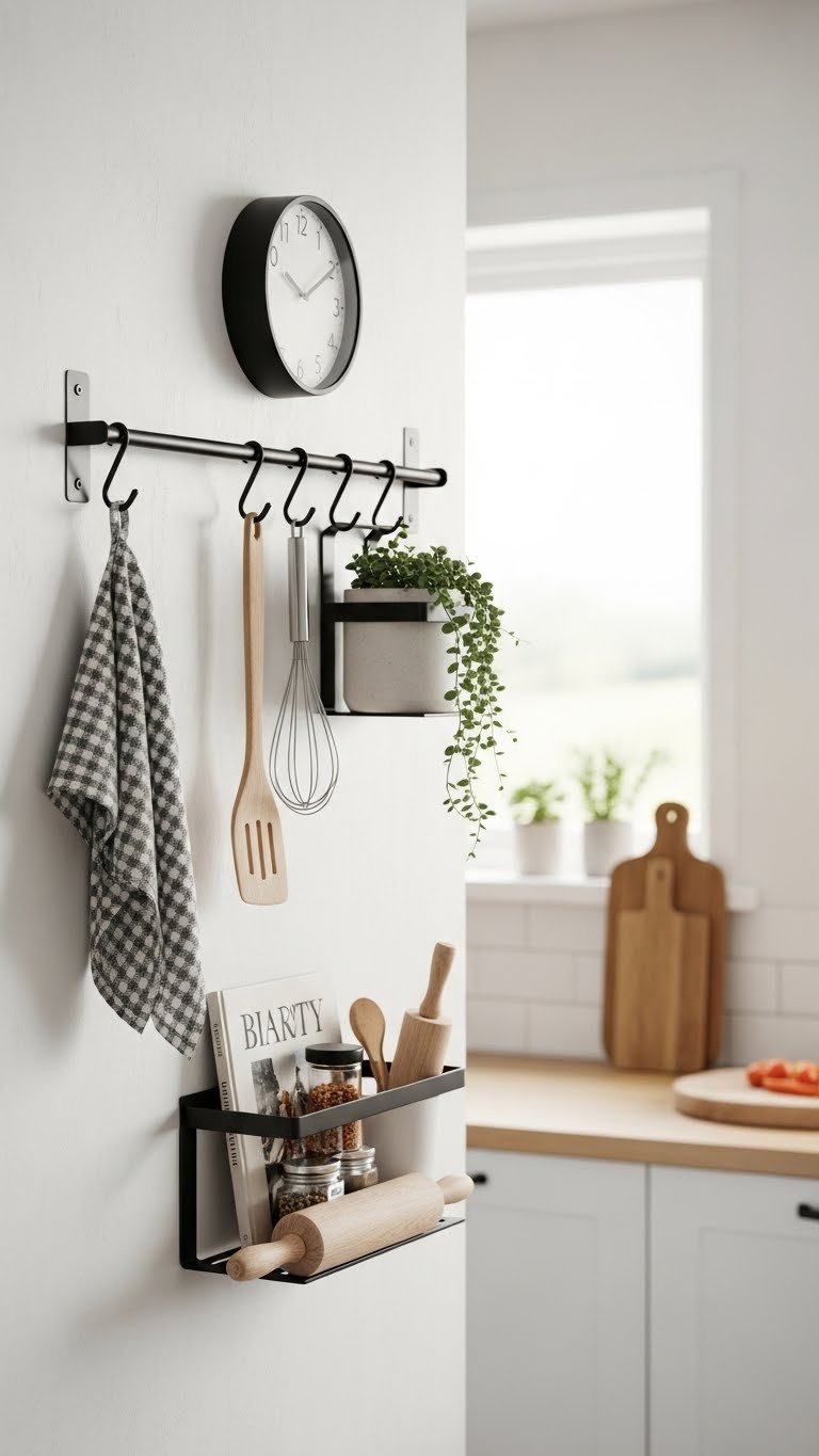 Wall-mounted wooden rail system with kitchen tools and plant in modern scandi kitchen organization setup