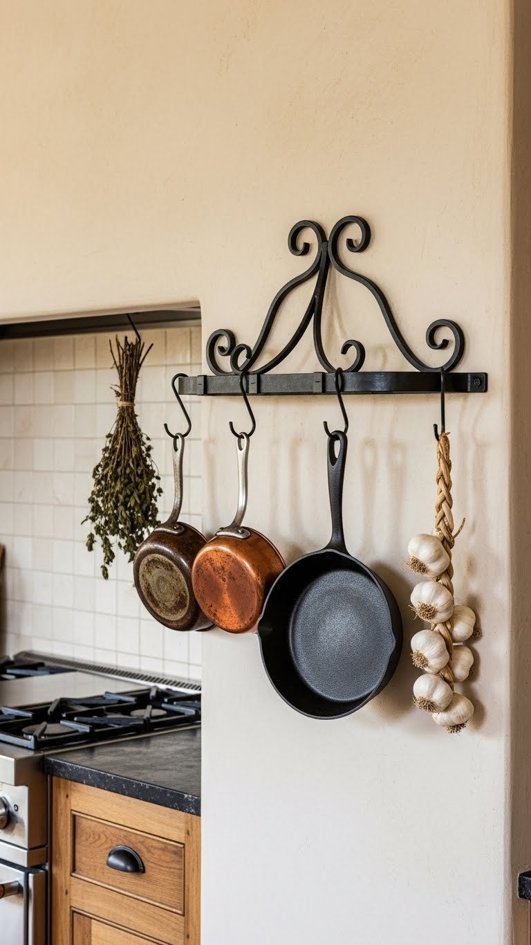 Wall-mounted wrought iron pot rack holding copper pans on textured plaster kitchen wall