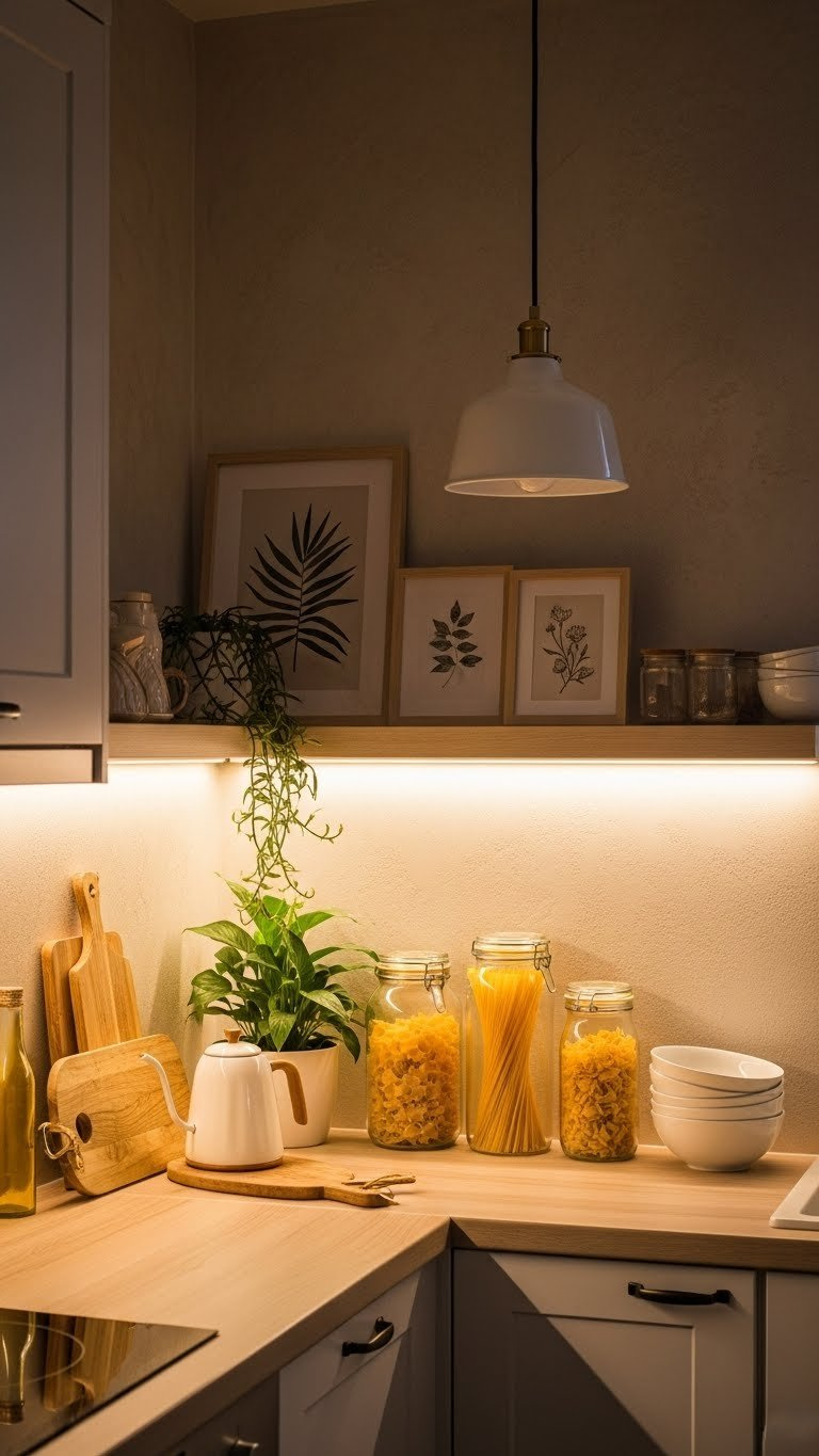 Warm Bloxburg kitchen corner with pendant lighting, under-cabinet LEDs, and decorative houseplant in ceramic pot