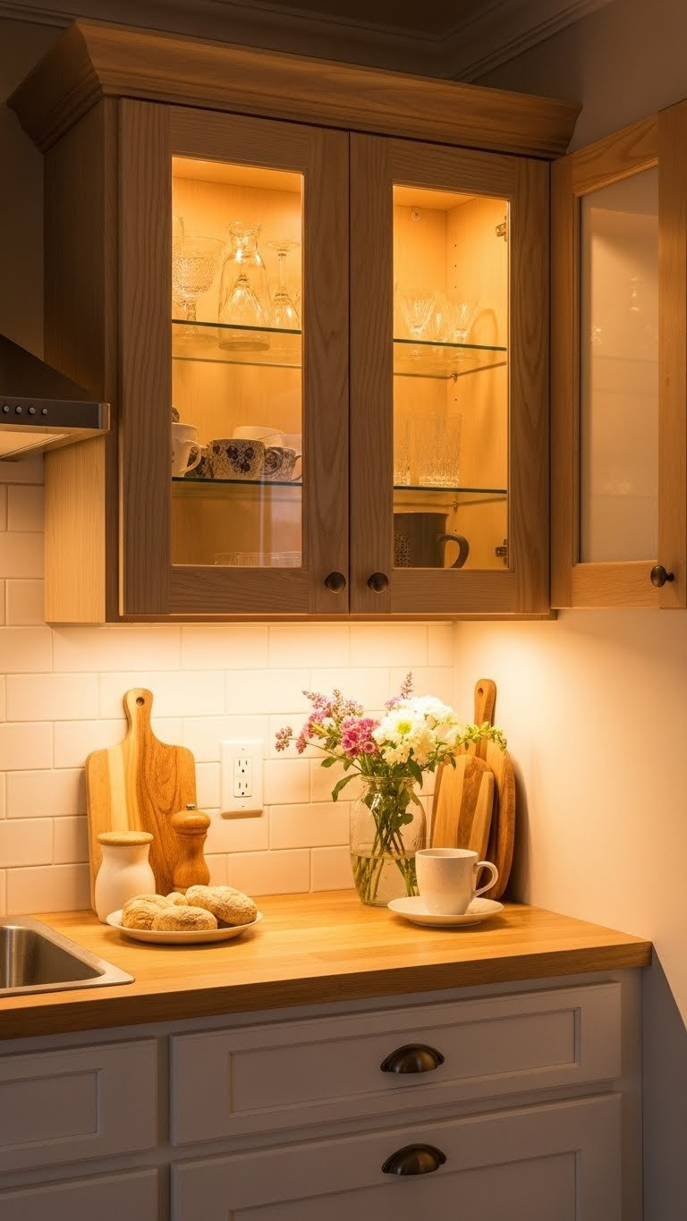 Warm LED strip lighting under light wood cabinets creating soft glow that highlights natural wood grain in cozy kitchen.