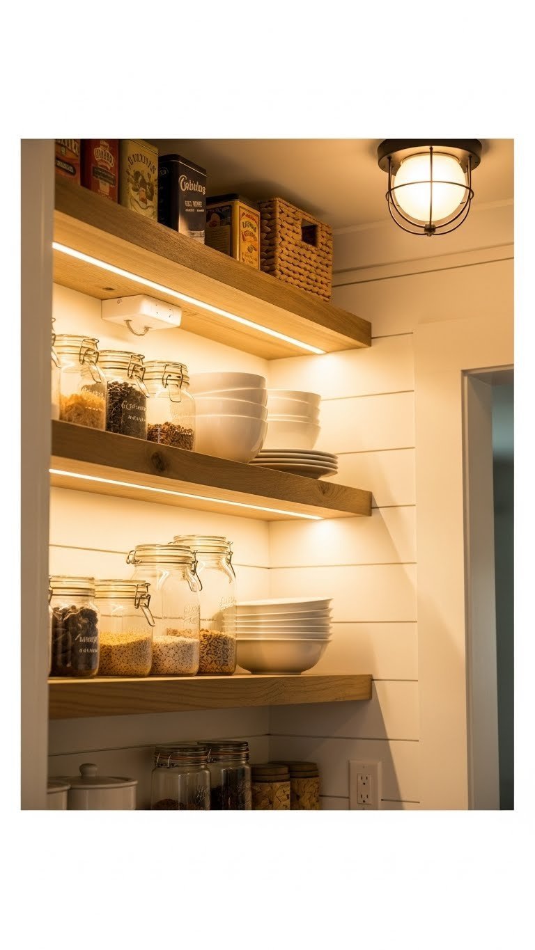 11 Farmhouse Kitchen Pantry Ideas: Design, Organize, &Amp; Style 19 Warm LED strip lights under rustic wooden farmhouse pantry shelves illuminate organized glass jars and white ceramic dishes.