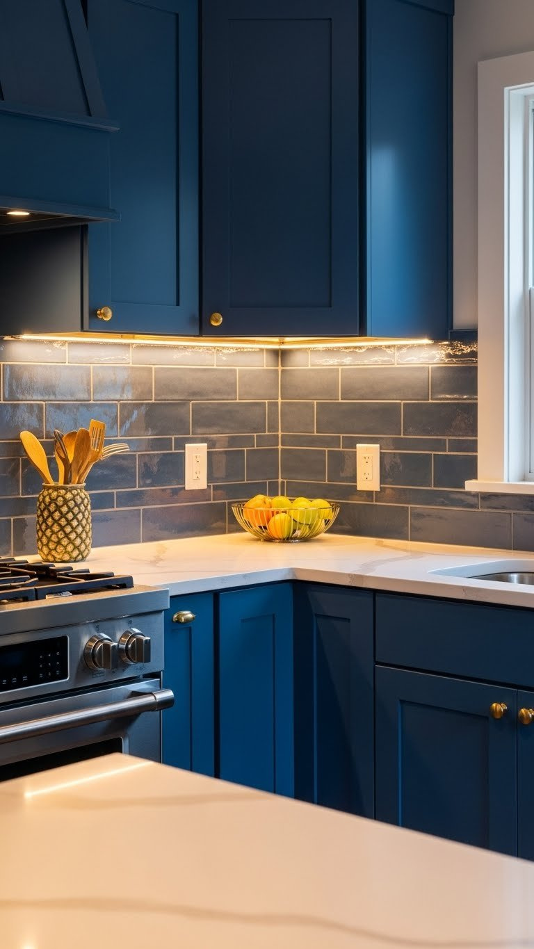 Warm LED under-cabinet lighting illuminating blue tile backsplash and white marble countertops beneath navy blue cabinets.