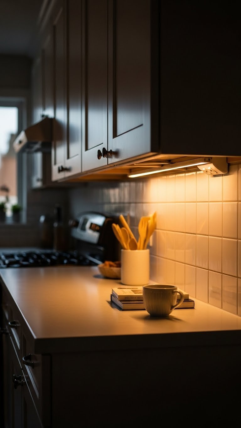 Warm LED under-cabinet lighting illuminating dark kitchen countertop with tiled backsplash and coffee mug