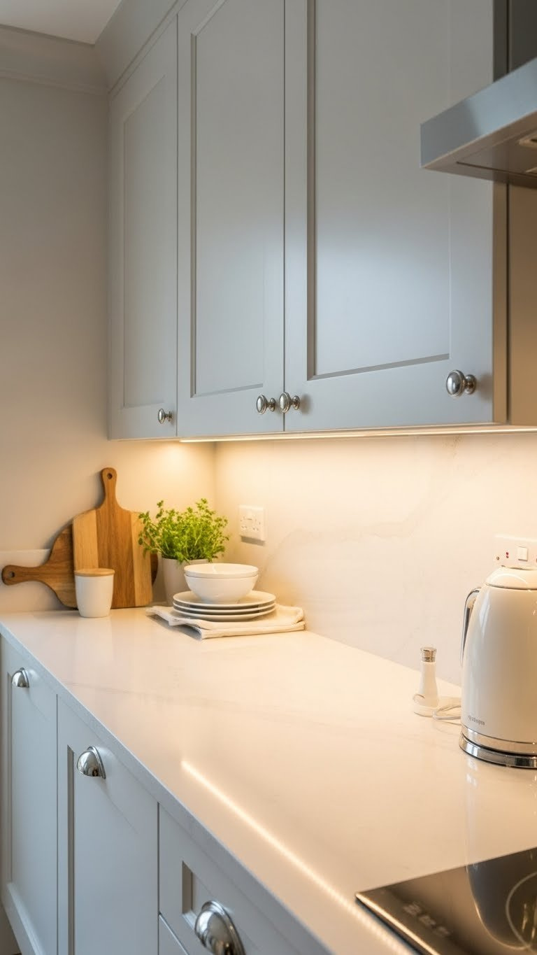 Warm LED under-cabinet lighting illuminating modern quartz countertop with layered kitchen lighting setup