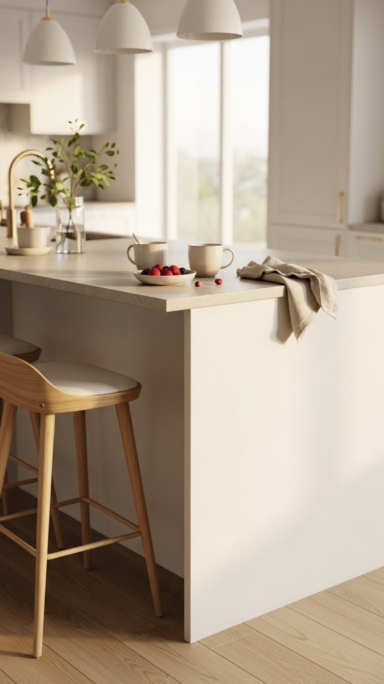 Warm Scandinavian kitchen breakfast bar with ceramic mugs, berries, and linen napkin in golden hour lighting