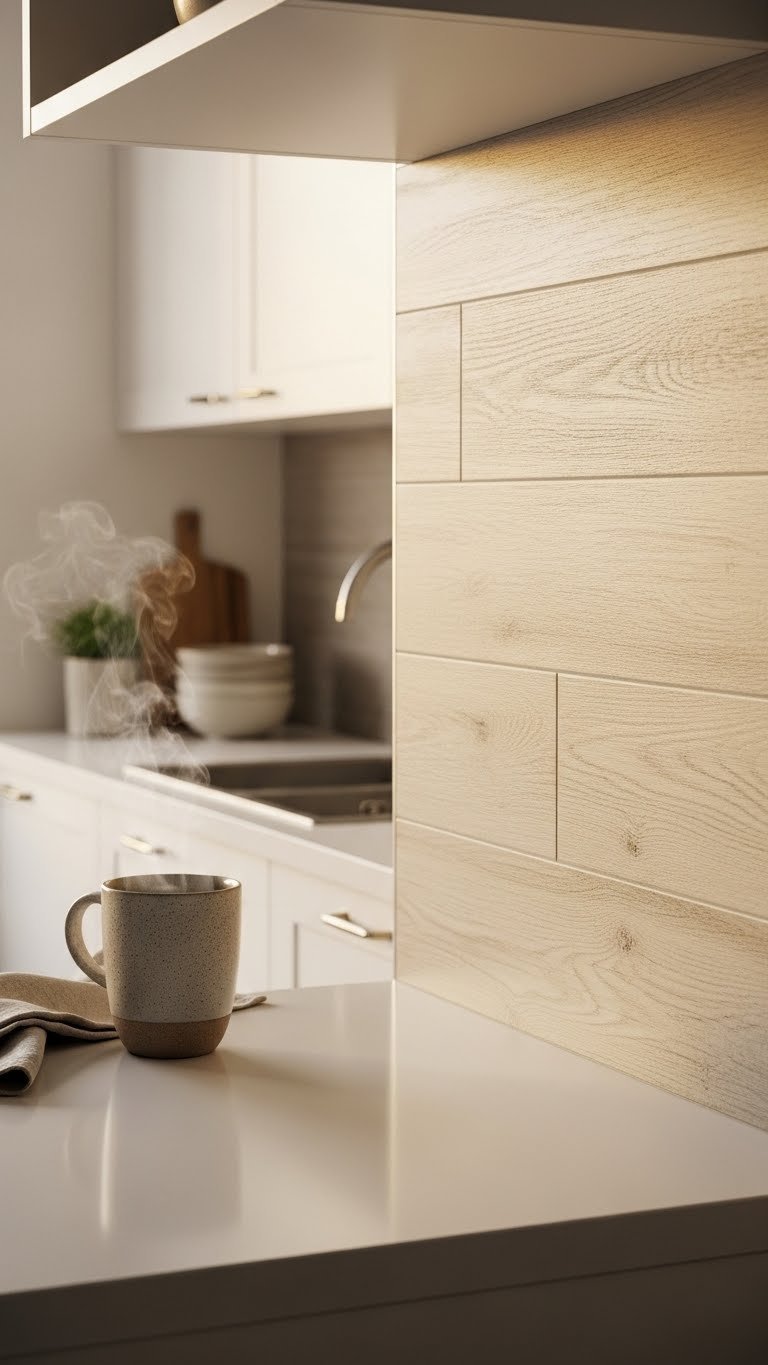 Warm Scandinavian kitchen featuring wood-look porcelain tile backsplash with white quartz countertop and cozy lighting.