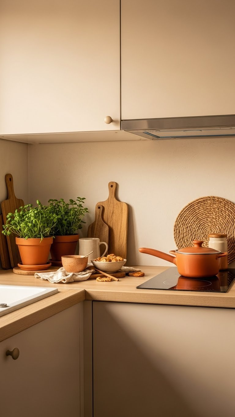 Warm beige kitchen cabinets with light wooden countertops, terracotta pots, and woven placemat in golden hour light.