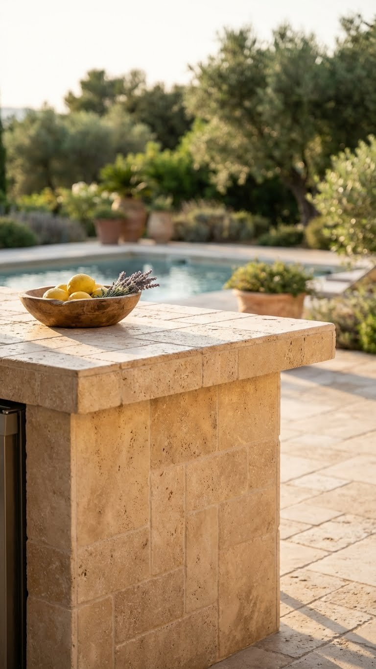 Warm beige travertine tile outdoor kitchen island with rustic wooden bowl of lemons on terracotta patio with Mediterranean ambiance