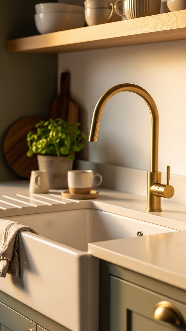 Warm brushed brass kitchen tap against sage green cabinetry with golden hour lighting and terracotta plant accents in cozy interior.