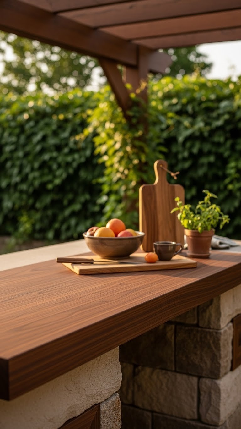 Outdoor Kitchen Countertops: Ultimate Guide To Durable Options 15 Warm dark brown Ipe hardwood outdoor countertop with visible grain in natural kitchen setting